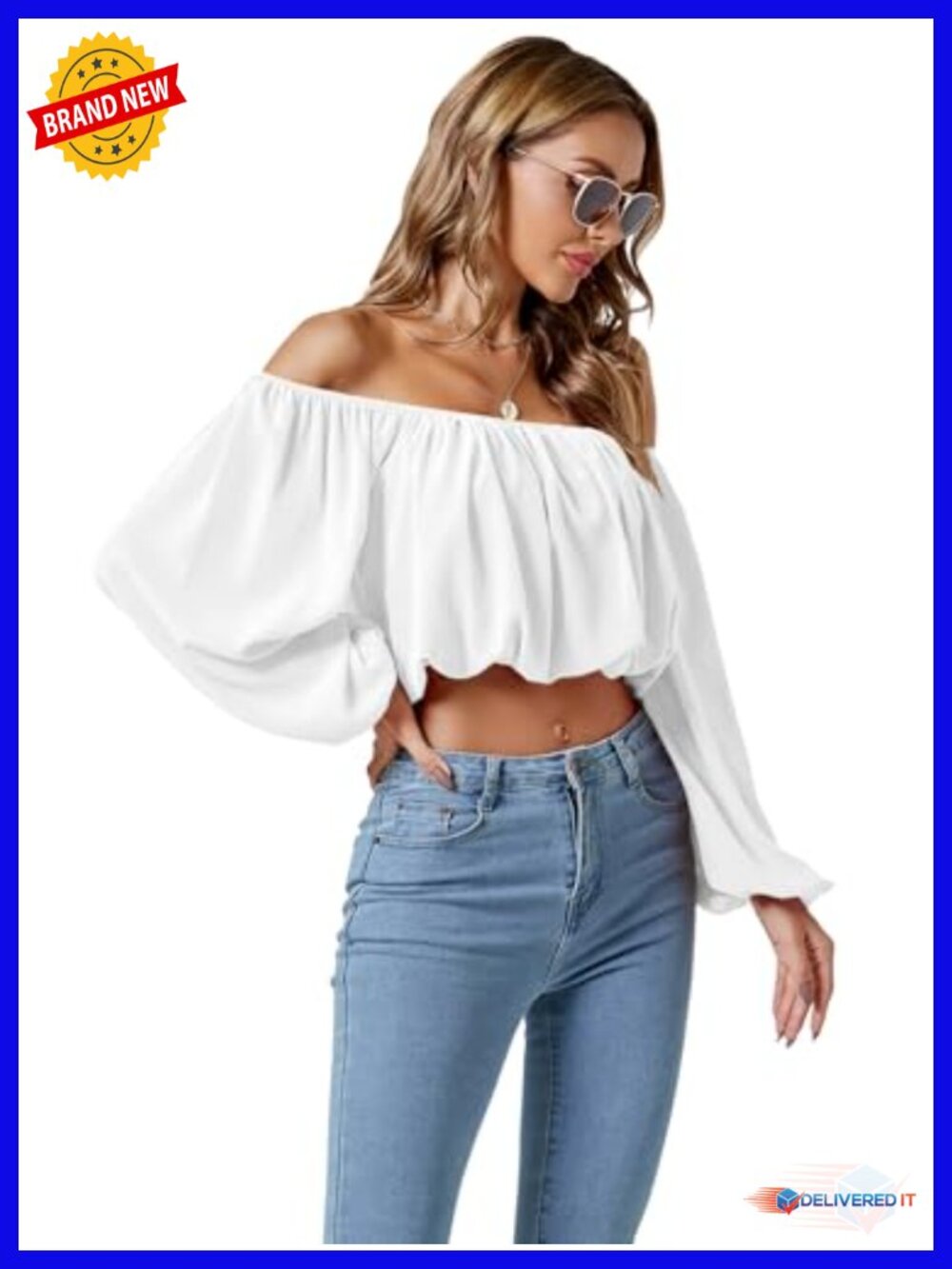 Off Shoulder Crop Top Ruched Puff Long Sleeve Blouse - Picture 2 of 6